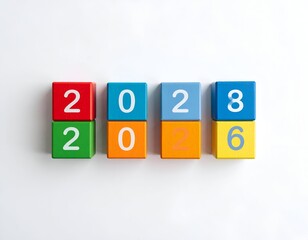 Colorful wooden blocks stacked to create the numbers 2028 and 2026