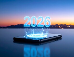 Futuristic 2026 emerges from a smartphone against a sunset backdrop