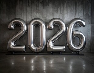 Silver inflated numerals 2026 stand against a textured concrete wall