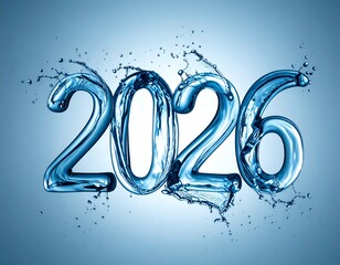 Year "2026" creatively rendered with splashing water, on blue gradient