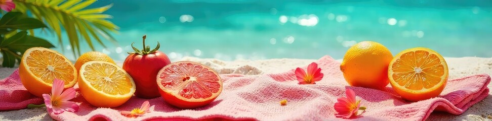 Vibrant summer scene with juicy fruits, bright flowers, and a sun-drenched beach towel  Perfect for summer vibes, vacation, and tropical themes ,  carefree,  towel