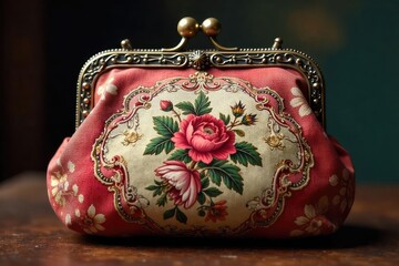 A well-worn, antique reticule purse; faded floral fabric, intricate clasp, vintage charm, ideal for historical settings or fashion editorials , nostalgic, pattern, detail