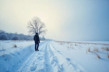 A lone figure's gaze is lost in the swirling winter snow, a stark landscape under a pale sky The cold, crisp air hangs heavy with anticipation , branches, snowy, winter scene