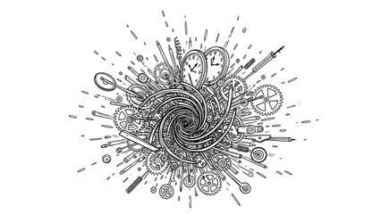 complex mechanism illustration of a swirling vortex of gears clock parts and tools symbolizing intricate systems time and creative thinking.