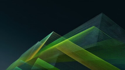 Abstract geometric shapes with vibrant green and yellow lines creating a dynamic pattern on a dark background for modern design and aesthetic applications.