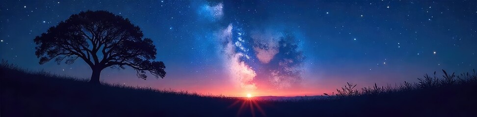 Silhouetted trees against a starlit sky, crickets chirping, conveying a sense of peaceful nocturnal spirituality , forest, landscape