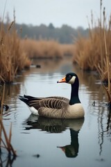 A lone goose decoy sits in a marsh, surrounded by cattails and water, under an overcast sky; waiting patiently for the hunting season ,  sky,  horizon,  patience