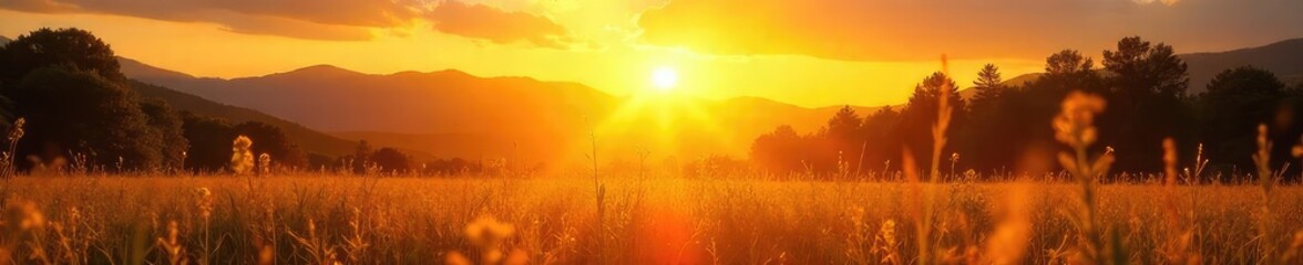Golden hour sunlight bathes a sun-drenched landscape in warm, radiant light Perfect for summer, nature, and travel themes Evokes feelings of warmth, peace, and serenity , sunshine, landscape, rays