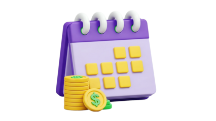 3D Calendar with coins icon on transparent background