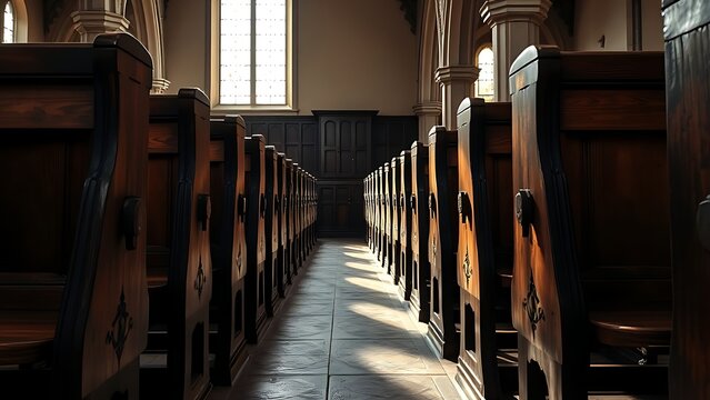 phonology. Ancient wooden church pews in rows, light from stained glass window. event programs, museum guides, designed for cultural heritage projects and event programs.