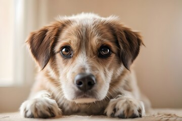 Close up portrait of a cute small dog lying down