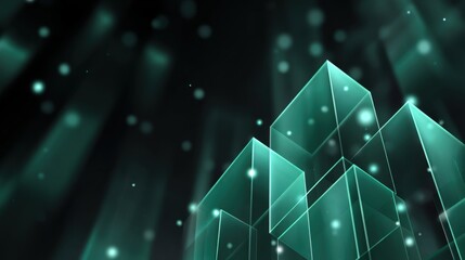 Abstract digital landscape with translucent geometric shapes and glowing particles, creating a futuristic atmosphere and depth in green and black tones