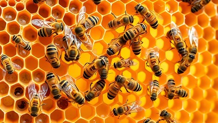thermoregulation. A systematic honeybee colony working within a natural, geometric honeycomb structure. wildlife magazines, conservation campaigns, designed for nature documentaries and education.