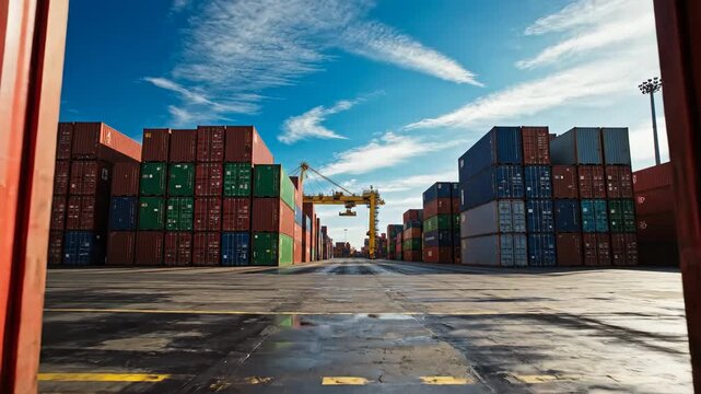 Open shipping container view at logistics yard with stacks of cargo boxes