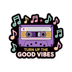Vibrant Retro Cassette Tape Design with Floating Musical Notes, Radiating Positive Energy and Nostalgic Good Vibes for Fun Celebrations