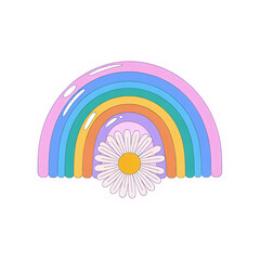 Charming retro-inspired illustration of a vibrant pastel rainbow arching over a delightful daisy flower, evoking a sense of joy and groovy nostalgia