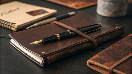 Elegant leather bound journal with fountain pen on dark wooden desk