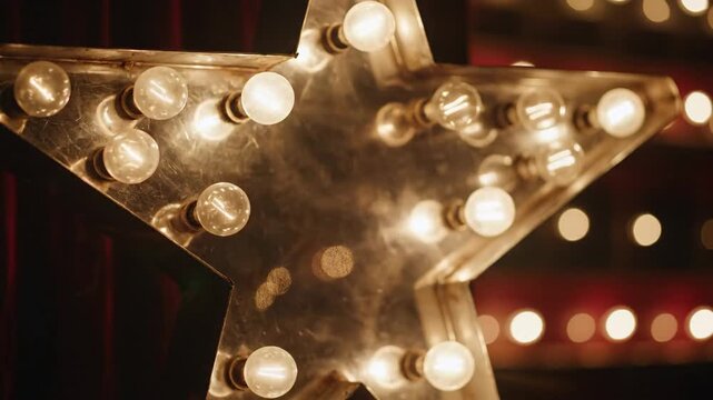 A star-shaped sign featuring many glowing lights against a dark red curtain backdrop
