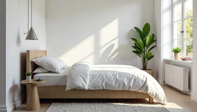 A stylish single bed neatly made with crisp white linens, situated in a minimalist bedroom with natural light streaming through a window , home, minimalist, bed