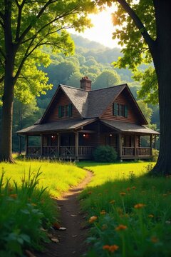 Rustic wooden ranch house nestled amongst towering trees, bathed in warm sunlight Perfect for rustic, nature, and country themes , country, cabin, field