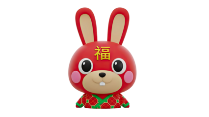 Red cartoon bunny with Chinese character "Fu" for luck on transparent background