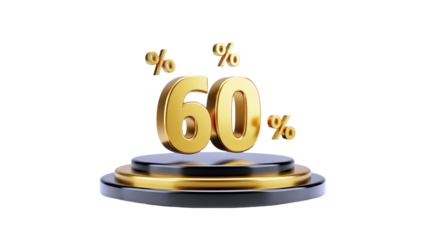 3D Golden 60% discount symbol on a podium on transparent background