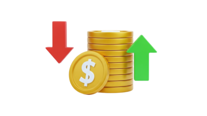 3D Money coins stack with up and down arrows on transparent background