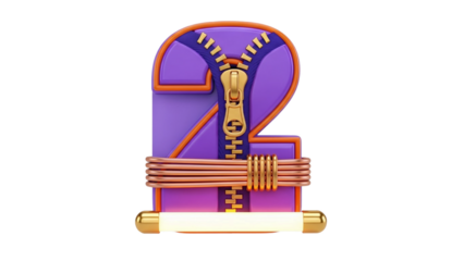 3D Number Two with Zipper and Copper Wire on transparent background