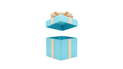 3D Open blue gift box with ribbon and bow on transparent background