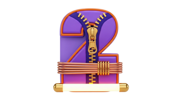 3D Number Two with Zipper and Copper Wire on transparent background - Powered by Adobe