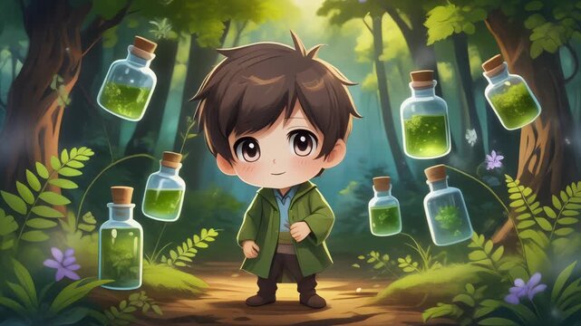 A young boy surrounded by bottles of green potion in a magical forest.