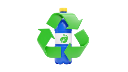 3D Plastic bottle with recycling symbol and leaf logo on transparent background