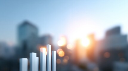 Abstract view of skyscrapers with blurred city background and sun flares creating an urban landscape filled with modern architecture and financial growth symbols