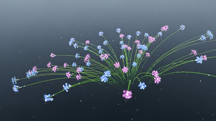 digital flowers background with blue and pink blossoms on green stems forming an abstract floral network for technology growth.