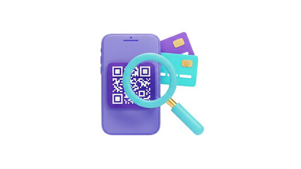 3D QR Code Scan with Smartphone and Credit Cards Magnifying Glass on transparent background