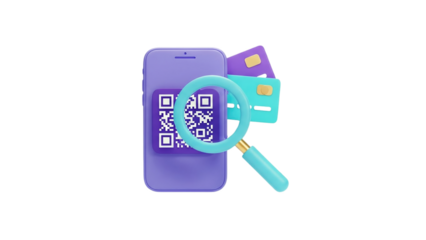 3D QR Code Scan with Smartphone and Credit Cards Magnifying Glass on transparent background