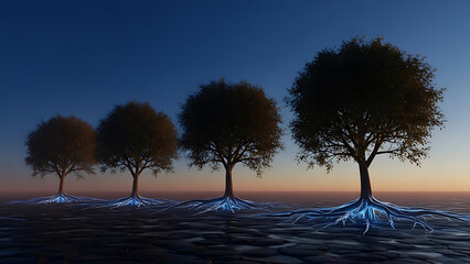 digital growth concept showing four trees with glowing blue roots on cracked earth under a twilight sky illustrating interconnected progress.