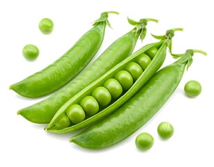 Green pea pods, one open showing neat rows of peas, and scattered peas on white