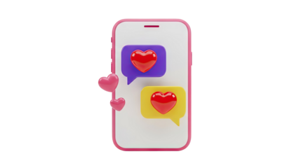 3D Smartphone with hearts and chat bubbles on transparent background