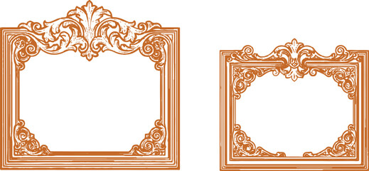 An empty antique gold picture frame with an ornate baroque design and carved wooden texture is isolated on a blank white background for vintage art decoration