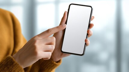 Young Woman Holding Cell Phone with Touch Gesture in Bright Setting