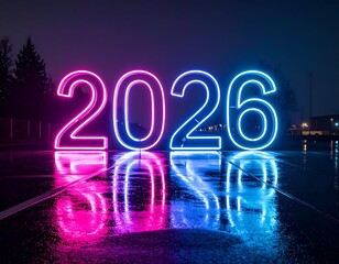 Glowing neon "2026" sign, reflected in wet ground, night scene
