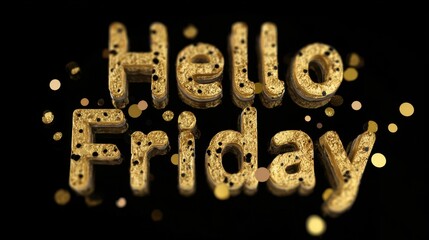 Golden Hello Friday Text with Confetti on Black Background