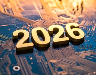 Shiny gold "2026" numbers sit on a circuit board, future tech concept