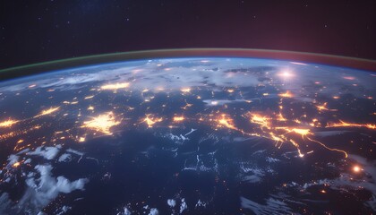 Obraz premium Global Network View of Earth at Night from Orbit with Glowing City Lights and Satellite Connectivity