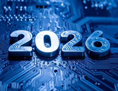 Silver 2026 numerals rest upon a vibrant blue circuit board - Powered by Adobe