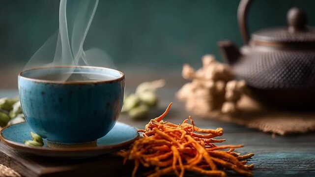 Aromatic Hot Beverage in a Blue Cup with Steam and Turmeric Roots
