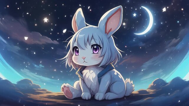 Adorable cartoon rabbit under starry night sky with crescent moon.