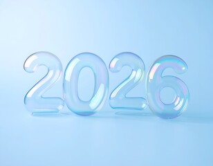 Frosted numbers of the year 2026, made of iridescent bubbles, blue backdrop