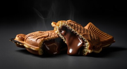 Naklejka premium Freshly baked Taiyaki with rich chocolate filling, a delicious Japanese street food dessert.